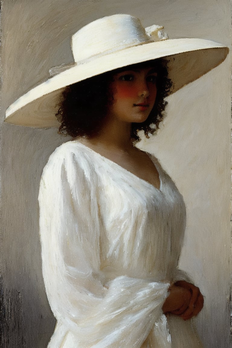 Impressionism, in the style of Frank Weston Benson, "A young woman with dark hair, white hat, long flowing white dress", (extremely sharp:1.2), (high-definition:1.2), (clean, crisp edges:1.2), (ultra-sharp textures:1.2), (focus on fine details:1.2), (high contrast lighting:1.2), (perfect clarity:1.2)