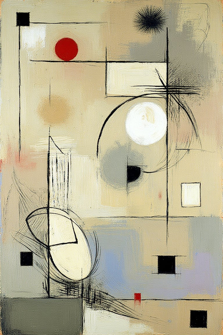 "Abstract surrealist composition inspired by Paul Klee, featuring a collection of geometric forms and organic shapes floating on a muted, textured background. Arrange the shapes with a balanced composition, using overlapping and hierarchical placement to create a sense of depth and layered abstraction. Incorporate value contrast with darker, well-defined elements in the foreground and softer, faded shapes receding into the background, suggesting an ethereal space. Include circles, lines, arcs, and other minimalist shapes, each appearing almost suspended within a surreal, dreamlike plane. Add subtle shadows and slight color variations to evoke a harmonious yet abstract arrangement that feels simultaneously structured and free-form. Maintain a rhythm in spacing, allowing each form to breathe while contributing to a balanced, mystical aesthetic.",  "Random abstract symbols and linework scattered throughout the composition, in thin, scratchy, black and white lines. Small circular accents in white and red add contrast. Faded geometric squares and a large rectangle of subtle, dark color at the bottom."