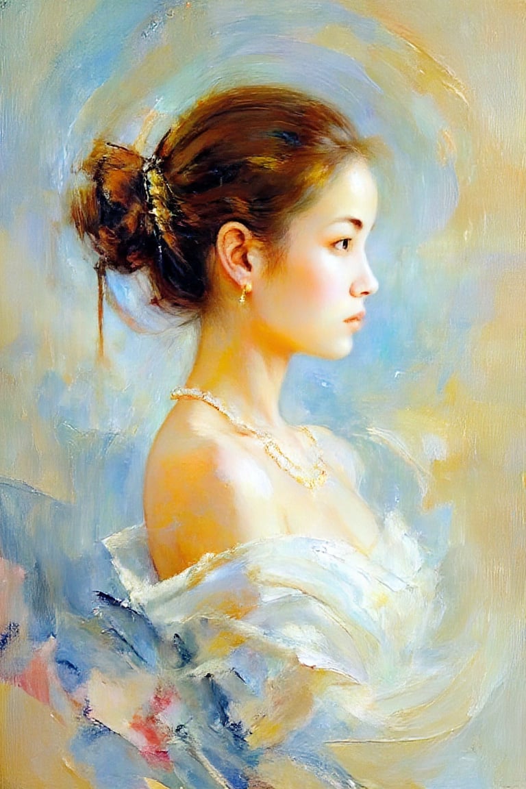 "A portrait of a young woman in profile, with soft brown hair tied up in a neat bun and adorned with a decorative hairpin. She wears a white fur-like garment around her shoulders and a multi-strand pearl necklace, with a gold hoop earring in her ear. The background is soft and abstract, painted with delicate brushstrokes in shades of blue, white, and beige. Hints of pink and blue floral decorations are visible near the bottom of the composition. The lighting is gentle and diffused, creating a serene and elegant mood. The overall scene has a refined, graceful atmosphere, with smooth brushwork and a soft, muted color palette."