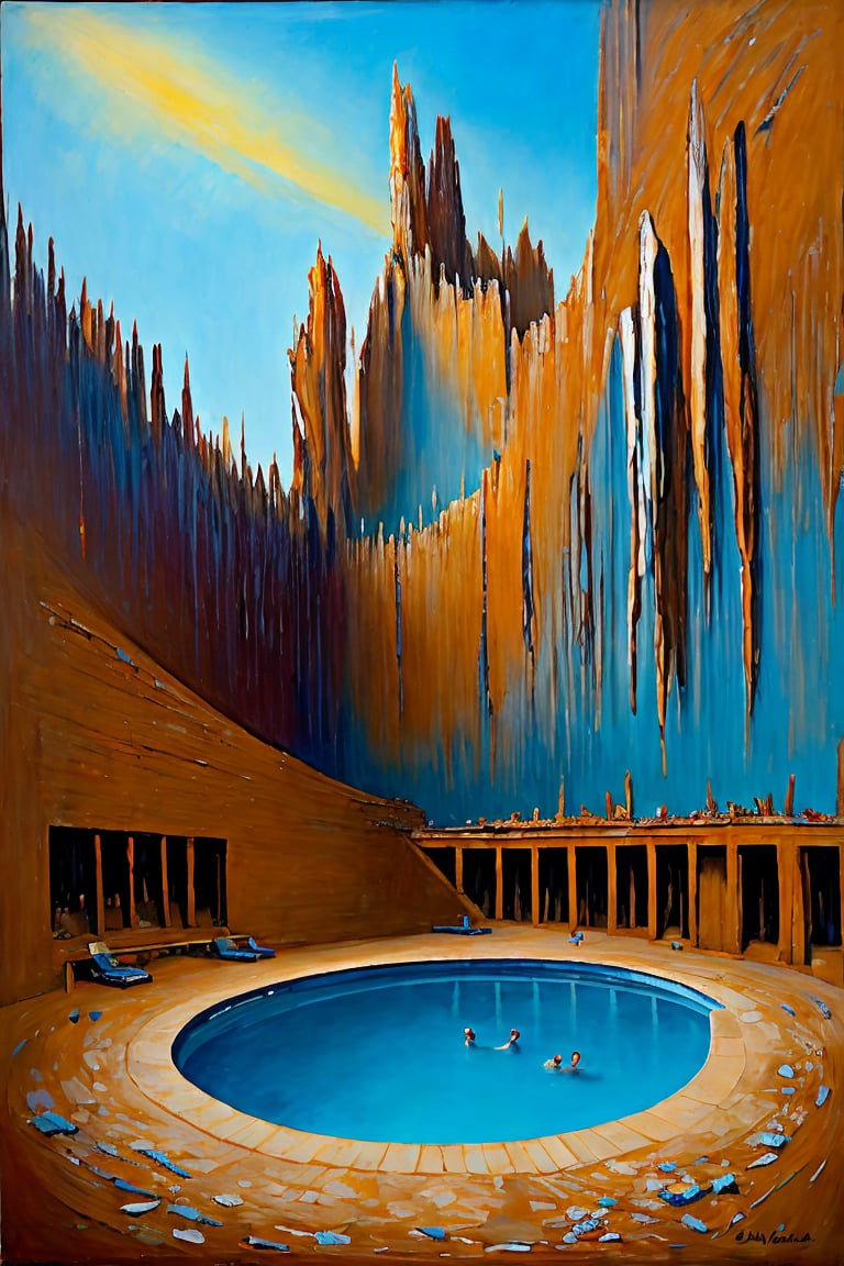 "a modern, abstract, surrealist painting, an imaginative and hyperrealistic oil painting emphasizing the style of Salvador Dalí and Ian McQue.", "The overall effect is a blend of impressionism and abstraction, creating a rich, immersive setting that complements the extremely sharp focus on the above-ground swimming pool in the foreground. This pool, weathered by time and the elements, stands as a testament to the passing of seasons and memories of summer days. The scene should feature an over-sharpened focus on the pool, highlighting its faded colors, chipped edges, and the slightly murky water with exaggerated clarity and detail. The lighting should come from behind the viewer, casting early morning sunlight that creates long, gentle shadows and a warm, golden glow over the scene. In stark contrast, the background should also be in extreme sharp focus, featuring futuristic skyscrapers with sleek glass facades and many broken windows and shattered glass, creating a surreal and dystopian juxtaposition. The atmosphere should still be somewhat ethereal and dystopian, with all elements rendered in precise, hyper-detailed realism. The colors in the background should include shades of rich, vibrant hues with dramatic contrasts, featuring deep, earthy tones and vivid highlights, blending seamlessly with cooler hues like blues and greys. Use this blend of subdued and bold colors to emphasize the gritty nature of the scene. The overall scene should evoke a sense of quiet solitude and nostalgia, capturing the ethereal beauty and timeless quality of the weathered swimming pool amidst an abstract, futuristic landscape, with every detail intentionally over-sharpened to enhance clarity and visual impact."