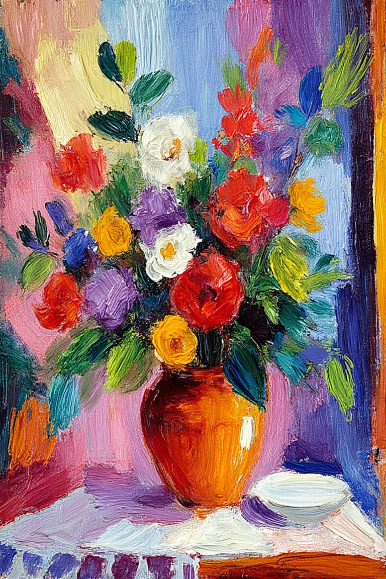 "An expressive post-impressionist painting in the style of Magnus Enckell, featuring a vibrant bouquet of flowers in a terracotta bowl. The flowers are a mix of bright colors, including reds, purples, yellows, and whites, blending together in loose, dynamic brushstrokes. The background is an abstract mix of soft pastel hues—lavender, pink, and green—creating a dreamy, almost ethereal atmosphere. The painting emphasizes color and texture, with rich, thickly applied paint and dappled light, giving the composition a vibrant and spontaneous feeling. The scene includes a small white plate on the table, adding to the domestic yet lively ambiance."