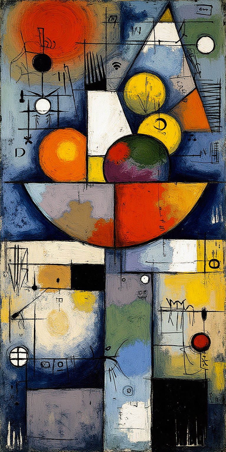 "An abstract, surreal still life of a bowl filled with colorful fruit, inspired by the style of Paul Klee. Render the bowl and fruit using layered, overlapping geometric and organic shapes, with vibrant colors and a playful use of perspective. Apply value contrast to distinguish the darker, more defined forms of the fruit in the foreground from the softer, blurred shapes in the background. Use hierarchical placement, with the bowl and fruit in the foreground, while the background elements, such as the table and wall, are simplified with muted tones and subtle textures. The color palette should be vibrant yet balanced, with a harmony of warm hues for the fruit and cool blues for the bowl and background. Create a sense of depth and rhythm by integrating abstract lines and shapes that flow through the composition, capturing a dreamlike, balanced, and harmonious still life in Klee's distinctive style.", "Random abstract symbols and linework scattered throughout the composition, in thin, scratchy, black and white lines. Small circular accents in white and red add contrast. Faded geometric squares and a large rectangle of subtle, dark color at the bottom."