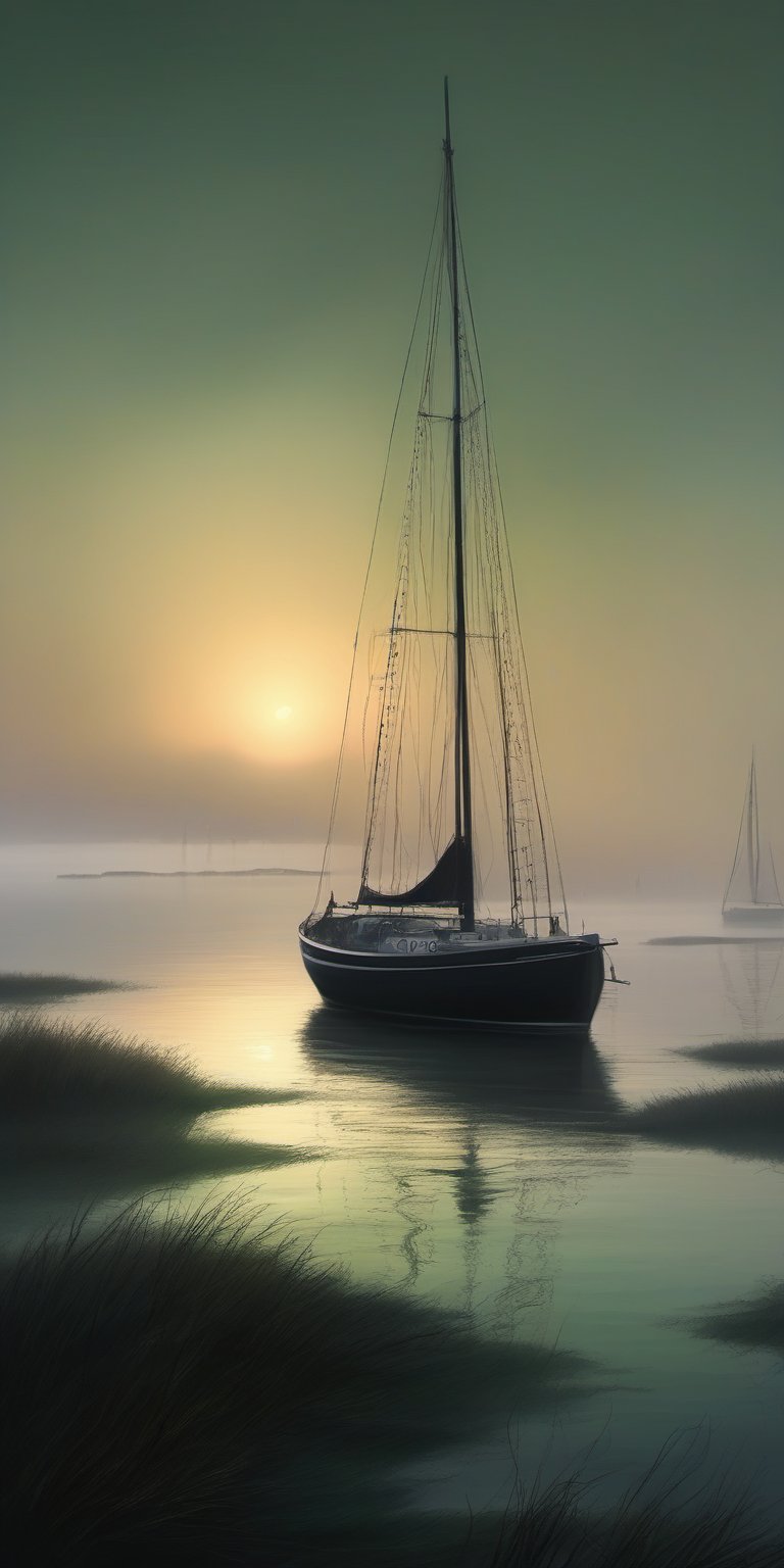 "Extreme close-up, surreal fantasy, chiaroscuro lighting, no frame, depict a mystical, ethereal ketch sailboat with elongated, delicate features and a soft, flowing design that seems to merge with the surrounding environment. The background should be a dreamy, fantastical seascape with swirling mists and soft, luminescent colors blending seamlessly. A landscape with an ominous, dense fog creating a misty, mysterious atmosphere at sunset. The scene features a vast landscape with a tiny, distant city skyline on the horizon. Grotesque, organic forms are present in the foreground, with abstract, unsettling elements. A tiny silhouetted figure stands in the distance, adding a sense of scale and isolation. The mood is enigmatic and awe-inspiring, evoking a sense of wonder and exploration. Intricate, raw textures and a highly muted, monochromatic color palette with subtle variations in shades of green, black, and vibrant colors from the spectacular sunset. Artistic style is highly detailed, with intricate patterns and textures on the sailboat and the surrounding elements. Proportions are slightly exaggerated to enhance the surreal quality, with a perspective that draws the viewer into the scene, focusing on the delicate interplay of light and shadow. Reflections and shadows are subtly incorporated to add depth and realism without detracting from the overall fantastical atmosphere. The overall mood is eerie, desolate, and haunting, evoking a deep sense of unease and contemplation. HDR, 8K resolution. The lighting is uniformly subdued and diffused, with rim lighting to highlight the edges of the subject, enhancing the fog and creating a soft, ethereal glow from the setting sun."