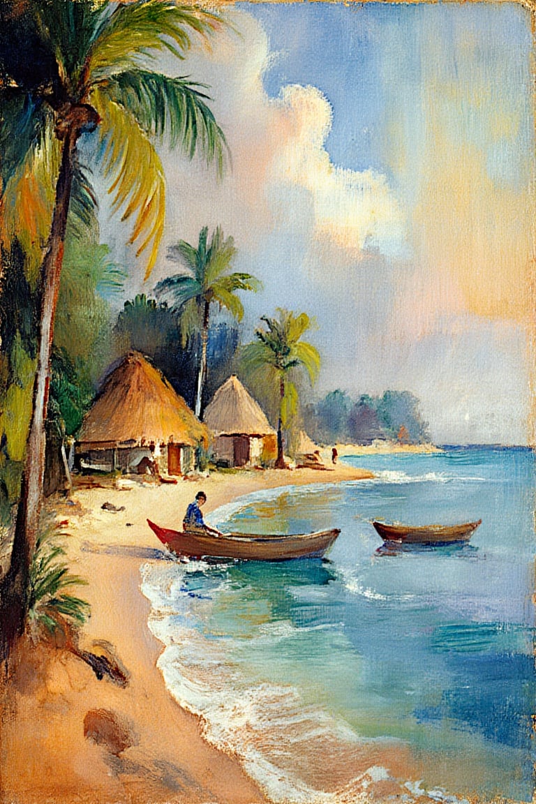 (masterpiece, ultra-high resolution, sharp focus, crystal clear details, vivid textures, high clarity, defined edges, ultra-sharp textures, subsurface scattering, while the background remains softly blurred and less defined)", A serene coastal scene of a Yucatan village as depicted by William Henry Holmes. The painting features thatched huts along the sandy beach, framed by lush palm trees. Small canoes float gently on the calm water. The color palette is rich and natural, with soft shades of light blue, muted green foliage, and deep blue reflections in the water. The sky shows warm, pale yellow hues fading into soft blues. Villagers can be seen casually interacting by the water and on the shore, wearing subtle colored garments. The style mimics Holmes' delicate watercolor technique, with loose brushstrokes and soft blending of colors, maintaining the rustic charm of a tranquil village scene. Emphasize rich colors, soft shading, and fine details to closely resemble the original watercolor painting.