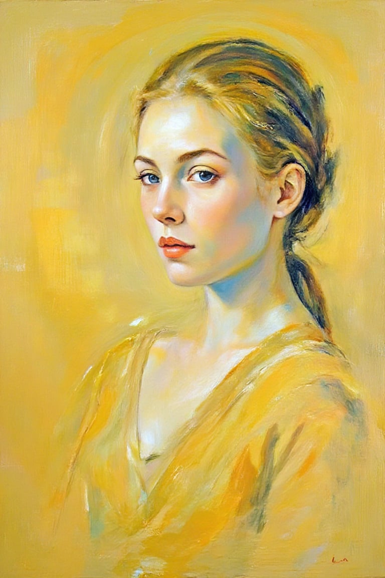 Create a portrait of a blonde woman in the style of Helene Schjerfbeck’s "Blond Woman, 1925". The image should focus on simplicity and abstraction, with soft, minimal brush strokes. Use warm, vibrant colors. The woman’s face should be delicate and slightly elongated, with pale skin tones. Her expression should evoke a sense of quiet introspection. The background should be muted and nearly empty, blending into the subject to give a dreamlike atmosphere. Her features, especially her eyes and lips, should have minimal detailing, giving the painting an unfinished yet emotionally profound quality. Use a limited color palette with warm colors. The overall composition should emphasize a feeling of vulnerability and solitude.