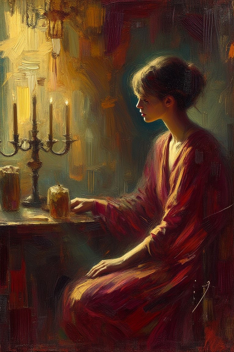 "A fine art oil painting with broad brush strokes depicting a solitary elegant supermodel embodying themes of loneliness and desperation. The artwork features minimalistic elements, using a rich Baroque color palette, with deep burgundy, gold, and dark olive tones. The scene is illuminated with dramatic chiaroscuro lighting, casting strong contrasts of light and shadow to enhance the emotional intensity. Realistic reflections and detailed shadows add depth and realism to the scene. Inspired by the eerie and haunting style of Stephen Gammell, the painting captures an unsettling, atmospheric mood with a sense of grandeur and depth. The final image should have HDR and 8K resolution for exceptional clarity and detail."