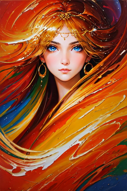 (masterpiece), "Oil painting of a beautiful girl with a delicate, three-dimensional face and exquisite facial features. (Heavy, textured, impasto brush strokes:1.4). She has elegant, intricate makeup and her hair is styled in a bun. She is wearing luxurious palace clothes adorned with elegant and exquisite accessories, exuding a fairy-like aura. The scene is highlighted by delicate peony brush strokes in bright colors. There are circling air flows and beautiful, self-luminous water ripples that complement dark magical details. The composition features strong, high-end lighting with complex contrast, colorful light and shadow effects, and museum-style lighting. The overall work is of the highest quality, resembling a masterwork with meticulous brushwork, story-like lens composition, and glowing particles in the air. The background is black, enhancing the fantasy atmosphere with ultra-realistic, high-definition details. The girl's face and eyes are beautiful and realistic, with clean, flawless skin. The scene features a golden ratio, with influences from Asian Artistry, photorealistic quality, 8k, UHD."