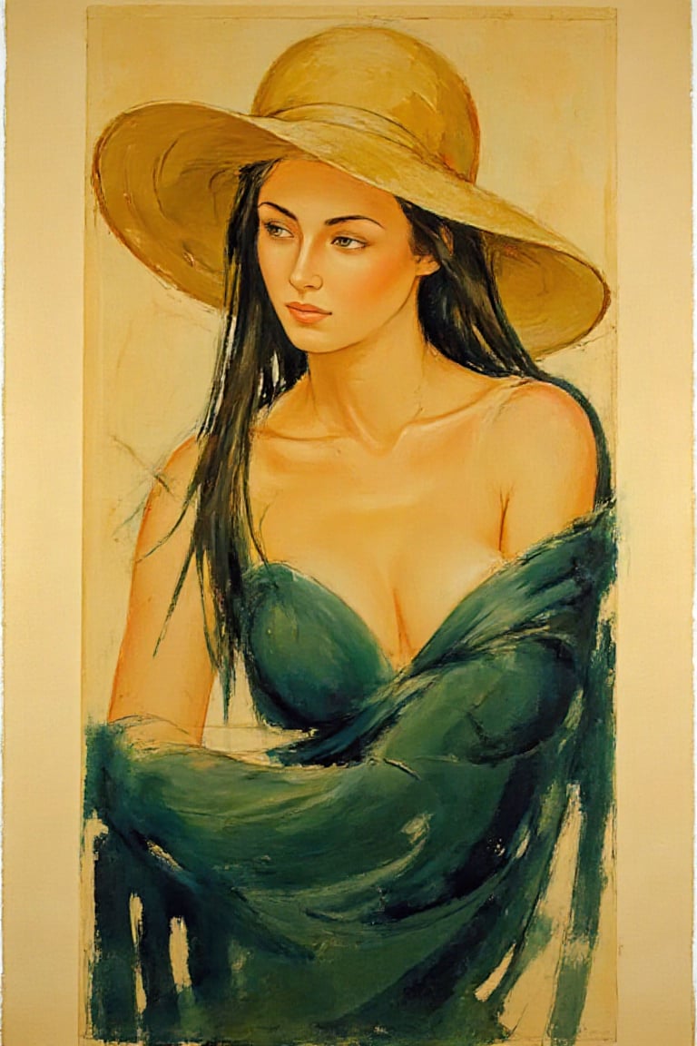 "Create an elegant and stylized modernist portrait in the distinctive style of Amedeo Modigliani, featuring a young woman with elongated facial features and a graceful posture. She has flowing dark brown hair softly styled around her shoulders and wears a deep emerald-green gown, with simplified, flowing folds. Highly detailed face with straight, beautiful nose, clear, beautiful eyes, and smooth skin. (high level of sharpness, making facial features clear and distinct:1.0). Add a large, floppy hat in a warm beige or light tan color that contrasts elegantly with the green dress and complements her elongated, serene features. Her expression should convey a calm and introspective mood, with her eyes slightly lowered or gazing softly into the distance. The background is abstracted, using muted, harmonious colors that frame the subject subtly, while keeping the focus on her refined figure and the interplay of color contrasts. The overall composition emphasizes Modigliani's signature elegance, with elongated forms and a soft, understated color palette."