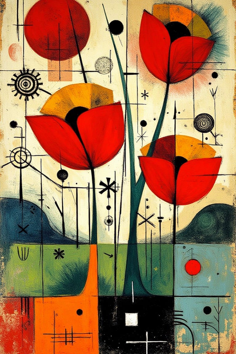 "An abstract, surreal depiction of vibrant red poppies in a field, inspired by the style of Paul Klee. The flowers and stems are represented through layered geometric and organic shapes, overlapping to create depth. Use bright, contrasting colors, with bold reds and oranges for the poppies in the foreground and softer, blended greens and blues for the background. Employ hierarchical placement and value contrast, with darker, more defined shapes for the poppies in the foreground and faded, subtle hues for the distant foliage and stems. The composition should convey a dreamlike quality, balanced in both form and color, with a harmonious blend of abstract lines and shapes that capture the essence of blooming flowers in an imaginative landscape.", "Random abstract symbols and linework scattered throughout the composition, in thin, scratchy, black and white lines. Small circular accents in white and red add contrast. Faded geometric squares and a large rectangle of subtle, dark color at the bottom."