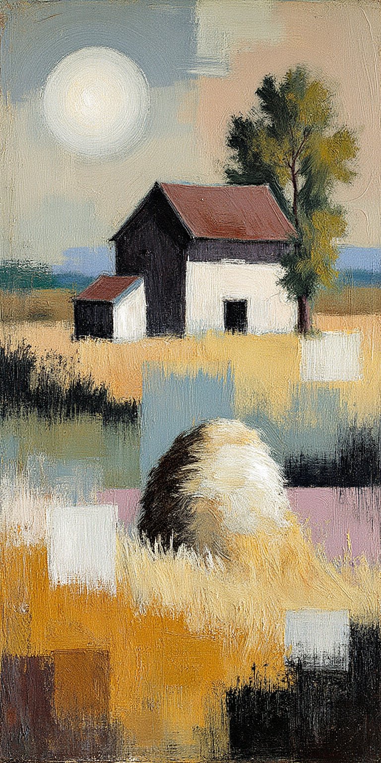 "An abstract, surreal landscape inspired by the style of Paul Klee, depicting a rural scene with a small haystack, trees, and farm buildings. Render the composition using layered, overlapping geometric and organic shapes, creating a sense of depth through value contrast. Foreground elements, such as the haystack and grasses, should be darker and more defined, with sharper textures, while background structures like the house, trees, and sky are softened with blended shapes and lighter hues. Use hierarchical placement and implied perspective to create separation between foreground, midground, and background, ensuring each layer harmonizes with the others. Employ a muted yet earthy color palette, capturing the essence of a quiet, dreamlike countryside, with subtle, rhythmic brushstrokes to convey a balanced and contemplative atmosphere."