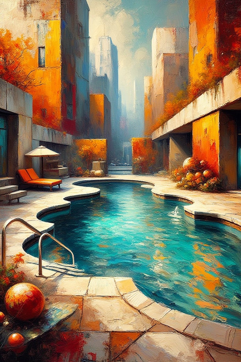 "In a surreal, impressionist style, this artwork features a swimming pool set within an abstract scene that symbolizes universal connections. The pool is rendered with bold, sweeping brushstrokes, blending fluidity and structure to convey both the calmness and dynamism of water. Surrounded by geometric shapes and vibrant colors, the pool appears to represent a tranquil space within the chaos of the larger universe. The composition is dynamic and bold, using hues like rust-orange, rust-yellow, rust-red, and rust-white for the surroundings, contrasted by cool blues and greens for the water, balanced by thin, white and black lines. Layers of color overlap, creating diverse textures—from thick, oil paint strokes to glossy metallic surfaces and flat matte areas—emphasizing the depth and complexity of the scene."