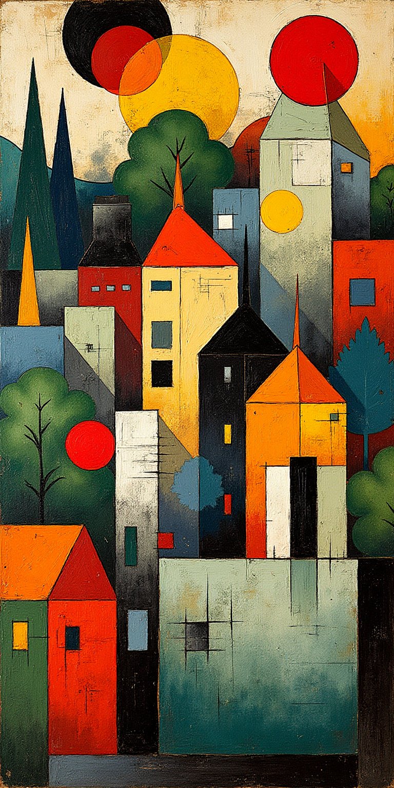 "Surreal abstract cityscape inspired by Paul Klee, capturing urban rooftops, buildings, and lush greenery in a dreamlike arrangement. Compose the scene with overlapping shapes to achieve depth, using hierarchical placement to guide the viewer’s eye from foreground to background. Emphasize value contrast: use darker, more saturated colors and bold outlines for foreground elements, while softer, muted tones recede into the background. Arrange geometric forms in the shapes of buildings and rooftops, blending warm pastel colors with contrasting cool tones. Trees and foliage appear as abstract, textured patches of green, adding an organic touch to the composition. Balance the scene with rhythmic placement of chimney shapes and windows, creating a harmonious, surreal atmosphere that reflects both structure and whimsy.",  "Random abstract symbols and linework scattered throughout the composition, in thin, scratchy, black and white lines. Small circular accents in white and red add contrast. Faded geometric squares and a large rectangle of subtle, dark color at the bottom."