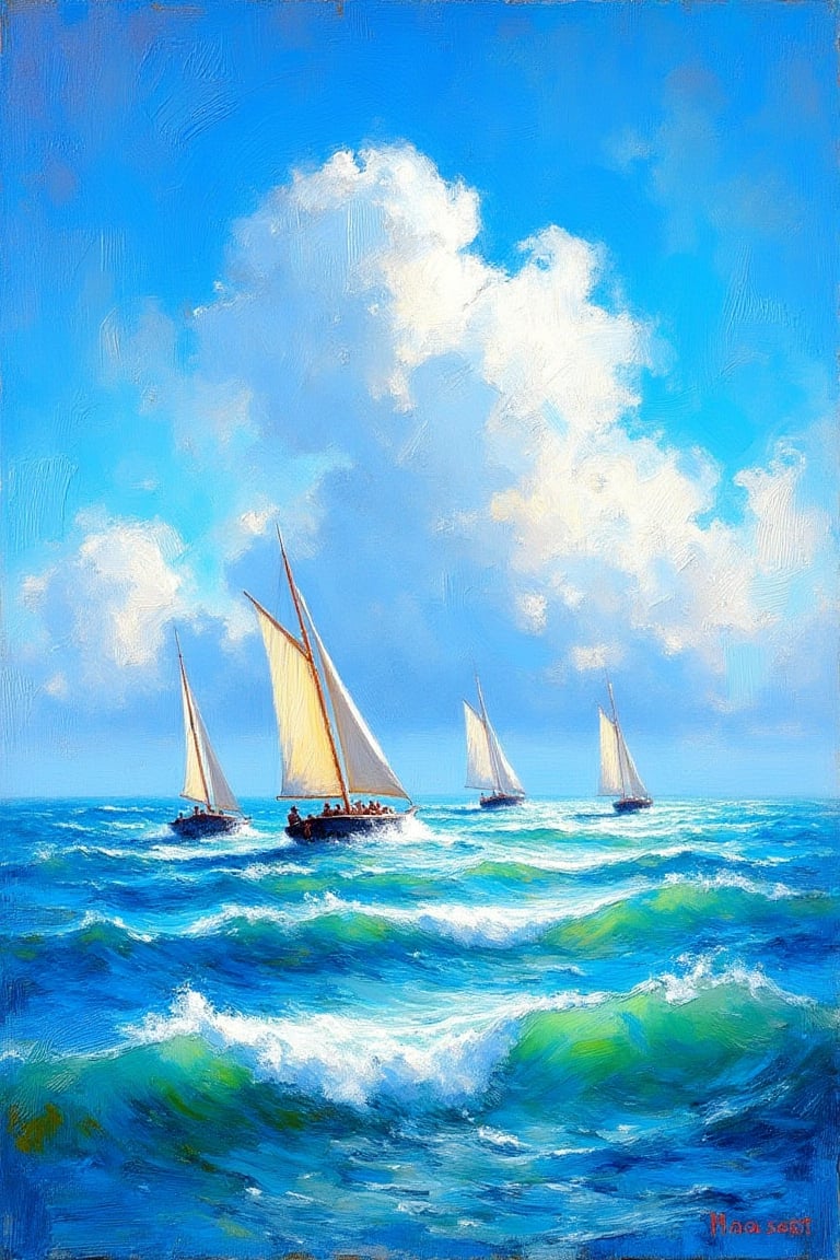 In an Impressionist style, three small sailboats glide across the open ocean, their sails catching the gentle breeze. The sky is a deep, vivid blue, dotted with soft, billowing white clouds, painted with loose, expressive brushstrokes. The sea beneath them shimmers in various shades of blue and green, with visible, textured impasto strokes adding depth and movement to the waves. The boats, though small in scale, are lively and detailed, with the brushwork capturing the dynamic energy of their sails and the play of light on the water. The scene blends color and light in a harmonious composition, avoiding strict realism in favor of the fleeting beauty and emotional resonance characteristic of Impressionist painting. The atmosphere is open and free, with no framing devices to restrict the viewer's gaze, allowing the natural beauty of the ocean and sky to dominate the scene.