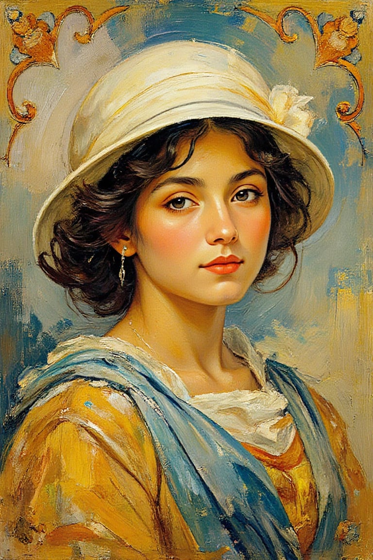 "(masterpiece, drop_shadow, subsurface scattering), oil painting, portrait, hybrid of Karol Bak and Alphonse Mucha style, intricate linework, flowing shapes, soft but vibrant colors, in the style of the High Renaissance and Raphael, A young woman with dark hair, wearing a white hat, delicate and elegant features, surrounded by ornate details and decorative elements, impasto brush strokes, glowing highlights, stylized with Art Nouveau influences."