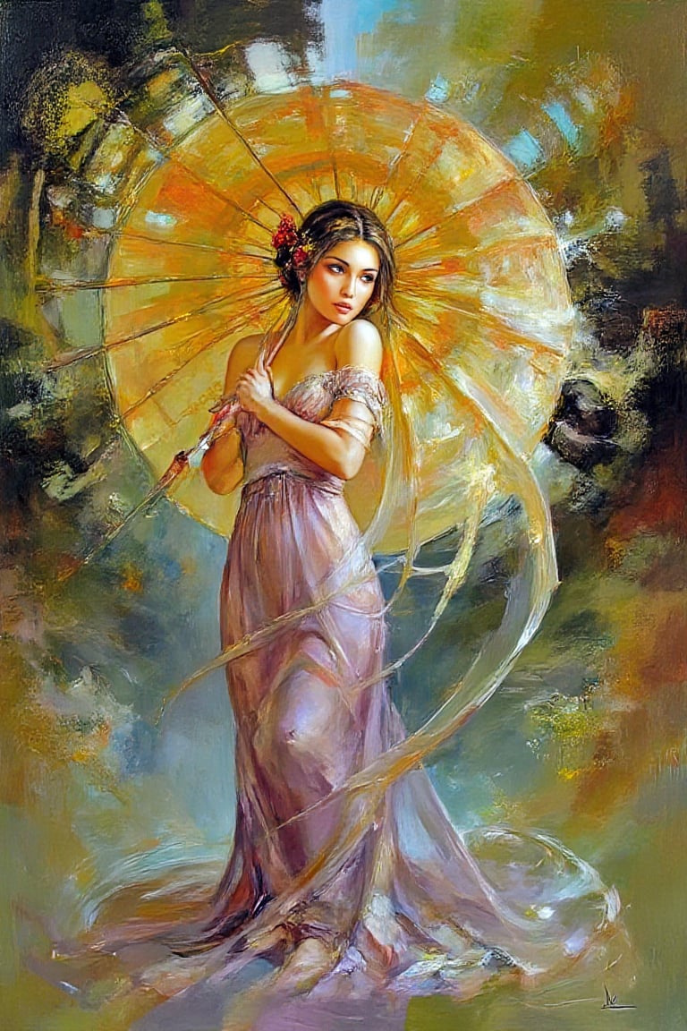 "A beautiful young woman stands in an ethereal, slightly bent pose, holding a large, ornate umbrella. The umbrella features intricate, flowing Art Nouveau patterns, blending soft, muted tones of red, orange, yellow, green, blue, and purple with golden tassels delicately hanging from its edges. The woman wears a flowing, elegantly draped lilac gown that appears to be a part of the swirling, organic background. Her face, framed by delicately waved hair adorned with a crown of red flowers, glows with soft, diffused lighting. Long, flowing ribbons swirl dramatically around her, blending into the atmospheric backdrop. The background is a rich tapestry of organic, floral motifs inspired by Mucha's Art Nouveau, combined with the dark, mystical, and otherworldly textures of Karol Bak. Dreamlike, surreal elements appear subtly in the environment, with hints of mythological creatures or symbols integrated into the swirling patterns. The mood is a blend of romanticism and fantasy, where the realism and detail of the woman's form contrast with the ethereal, decorative environment. The scene is imbued with a sense of elegance, mystery, and fantasy, rendered in soft, flowing lines and intricate, hyper-detailed textures that bring the scene to life with a mythic and dreamlike atmosphere."