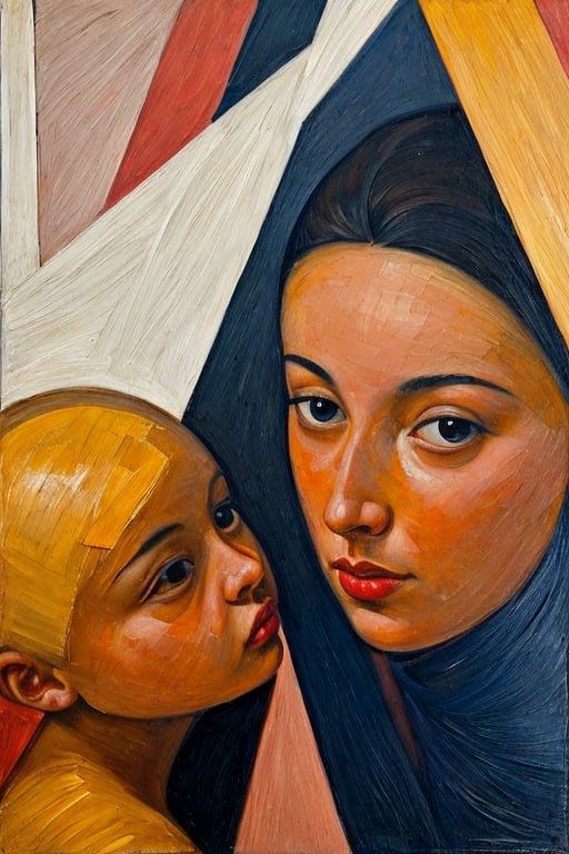 (masterpiece, ultra-high resolution, intricate details, sharp focus, crystal clear, vivid, high clarity, defined edges, ultra-sharp textures, crisp details, subsurface scattering), "a modern, abstract, sks_surrealart painting in the style of Baroque, Caravaggio, and Peter Paul Rubens. featuring a beautiful woman and her child, maximize the aesthetic considerations of line, color, and form, and emphasize figurative art. Use fully saturated colors.", (extremely sharp:1.2), (high-definition:1.2), (clean, crisp edges:1.2), (ultra-sharp textures:1.2), (focus on fine details:1.2), (high contrast lighting:1.2), (perfect clarity:1.2)