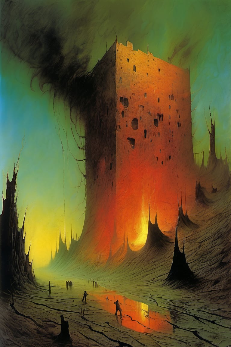 Create a high-resolution image that merges the surreal,  dystopian world of Zdzisław Beksiński with the dynamic,  expressi...