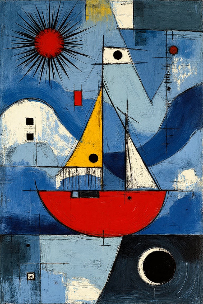 "An abstract, surreal composition featuring a stylized red ship with geometric masts and structures, set against a flowing, textured blue background reminiscent of ocean waves and clouds, inspired by the style of Paul Klee. Employ layered shapes and overlapping forms to create a sense of depth, with darker, defined edges in the foreground and softer, blurred blue hues in the background. The ship is rendered with minimalistic, angular shapes, contrasting with the fluidity of the background. Use hierarchical placement and value contrast to establish an implied perspective, ensuring a balanced and harmonious composition that captures the essence of Klee’s abstract and dreamlike style.", "Random abstract symbols and linework scattered throughout the composition, in thin, scratchy, black and white lines. Small circular accents in white and red add contrast. Faded geometric squares and a large rectangle of subtle, dark color at the bottom."