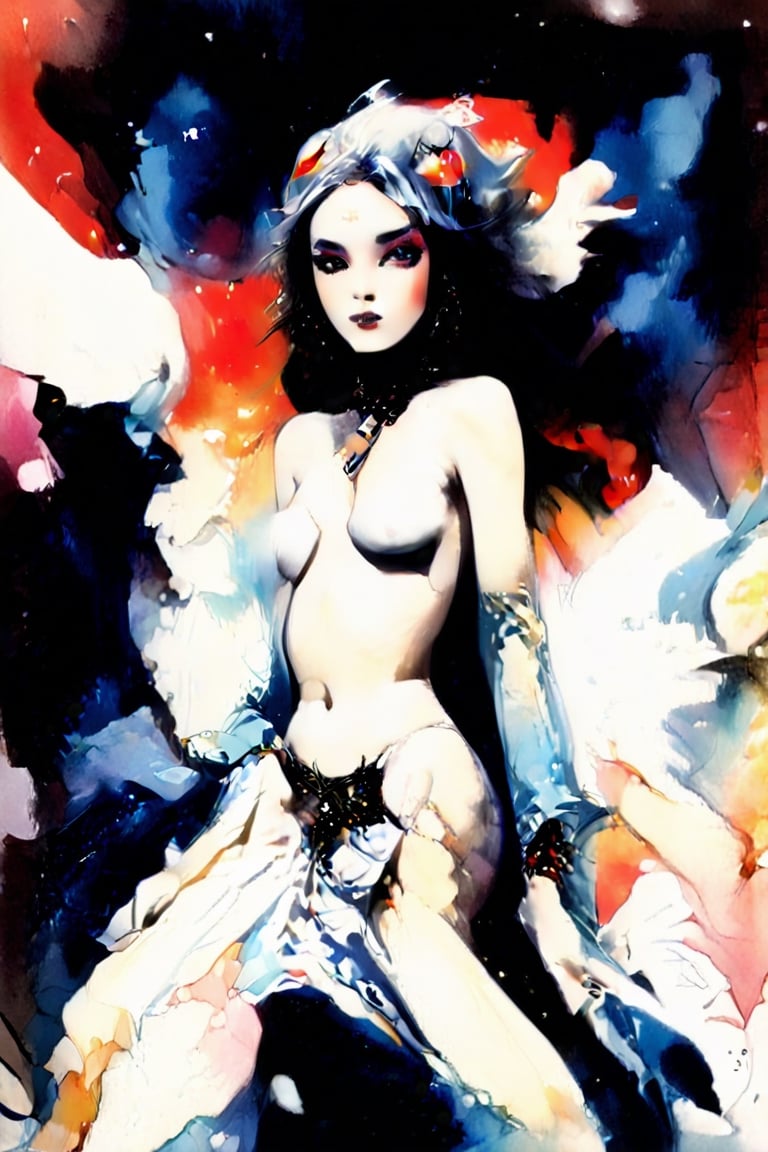 japanese super model, wearing haute coutere, Luis Royo, Boris Vallejo, Frank Frazetta, fr4z3tt4 ,watercolor