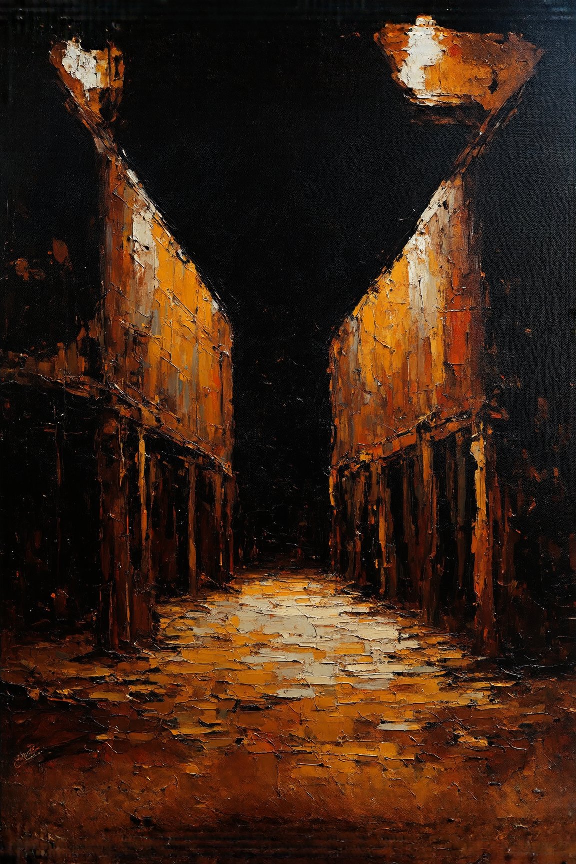 "Fine art oil painting,  bold,  dramatic brushstrokes. Aesthetic awe. unforeseen theme or artwork. lightened silhouette in...
