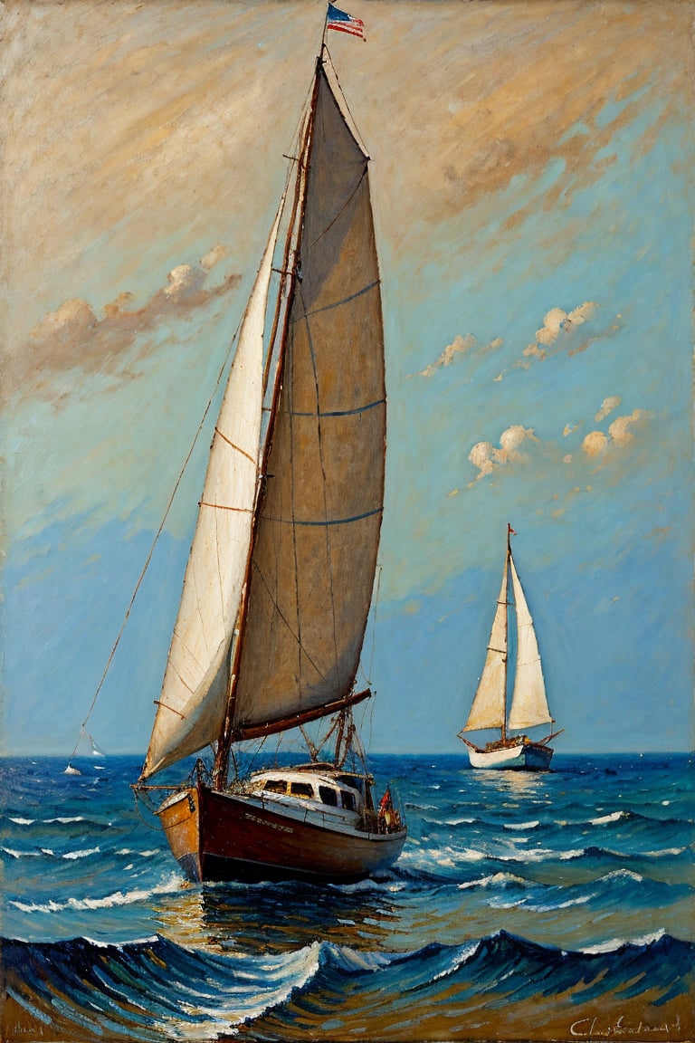 (masterpiece), "an sks_surrealart style oil painting", "The overall effect is a blend of impressionism and abstraction, creating a rich, immersive setting that complements the sharp focus on the massive sailboat in the foreground. This sailboat, weathered by time and the elements, stands as a testament to endurance and exploration. The scene should feature an impressionist sharp focus on the sailboat, highlighting its tattered sails and worn hull. In contrast, the background should transition into an abstract, painterly environment. The atmosphere should be hazy and diffuse, contributing to an ethereal and somewhat dystopian feel. Indistinct forms and shapes in the background should suggest several other ships and a few shadowy figures, rendered in a loose, impressionistic style to emphasize mood and atmosphere over detailed realism. The colors in the background should include shades of rich, vibrant hues with dramatic contrasts, featuring deep, earthy tones and vivid highlights, blending seamlessly with cooler hues like blues and greys. Use this blend of subdued and bold colors to emphasize the gritty nature of the scene. The overall scene should evoke a sense of quiet solitude and mystery, capturing the ethereal beauty and timeless quality of the weathered sailboat amidst an abstract, impressionistic landscape.",civetartstyle