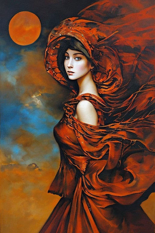 "A vibrant ink illustration on parchment, depicting a young woman standing alone in a massive medieval city under coal-dark skies, illuminated by vibrant shades of red and orange. She wears a fantasy rogue outfit with flickers of magical energy surrounding her. The scene is moody and stylized, with ink splashes and rough sketch-like lines. A close-up portrait of the young woman with fair skin and freckles, her intense expression highlighted. She is wearing a leather medieval top with a lowered hood, captured in a high-contrast Art Nouveau style.",sks_fantasyart