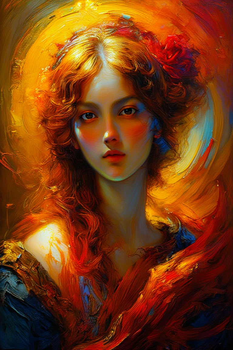 "In the style of Baroque art.", "Create an Encaustic Painting, with heavy, visible brushstrokes.", "(The subject should be a tall, skinny supermodel wearing haute couture clothing and designer jewelry:1.2)", "Use warm, vibrant colors with a focus on reds, oranges, and yellows. Use a mix of abstract and realistic elements. Make it dynamic and energetic, with a strong sense of movement. Incorporate themes and symbolism, related to nature and human experience. Use visible brush strokes and textures. Make it evocative, with a strong emotional and atmospheric presence., Ensure the scene is in sharp and clear focus., UHD, 8K"