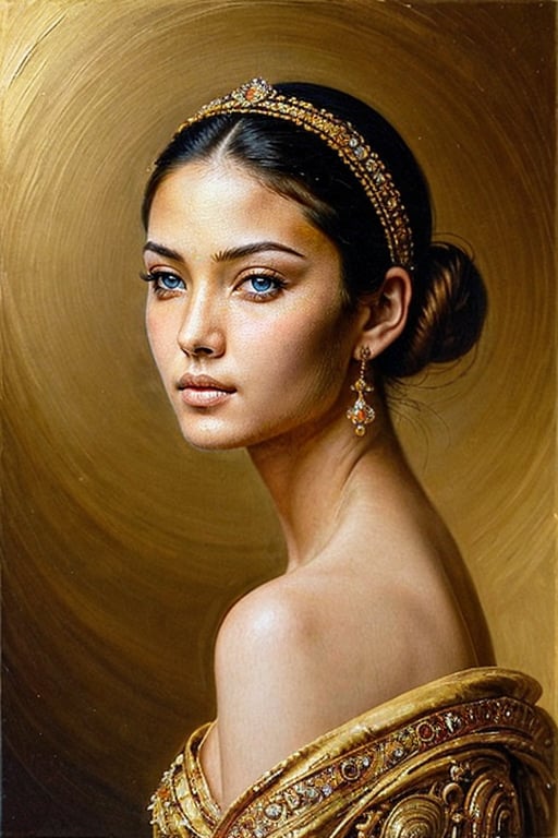 (masterpiece, ultra-high resolution, sharp focus, crystal clear, vivid, high clarity, defined edges, ultra-sharp textures, subsurface scattering), "Oil painting of a beautiful girl with a delicate, three-dimensional face and exquisite facial features. She has elegant, intricate makeup and her hair is styled in a bun. She is wearing luxurious palace clothes adorned with elegant and exquisite accessories, exuding a fairy-like aura. The scene is highlighted by delicate peony brush strokes in bright colors. There are circling air flows and beautiful, self-luminous water ripples that complement dark magical details. The composition features strong, high-end lighting with complex contrast, colorful light and shadow effects, and museum-style lighting. The overall work is of the highest quality, resembling a masterwork with meticulous brushwork, story-like lens composition, and glowing particles in the air. The background is black, enhancing the fantasy atmosphere with ultra-realistic, high-definition details. The girl's face and eyes are beautiful and realistic, with clean, flawless skin. The scene features a golden ratio, with influences from Asian Artistry, photorealistic quality, 8k, UHD."