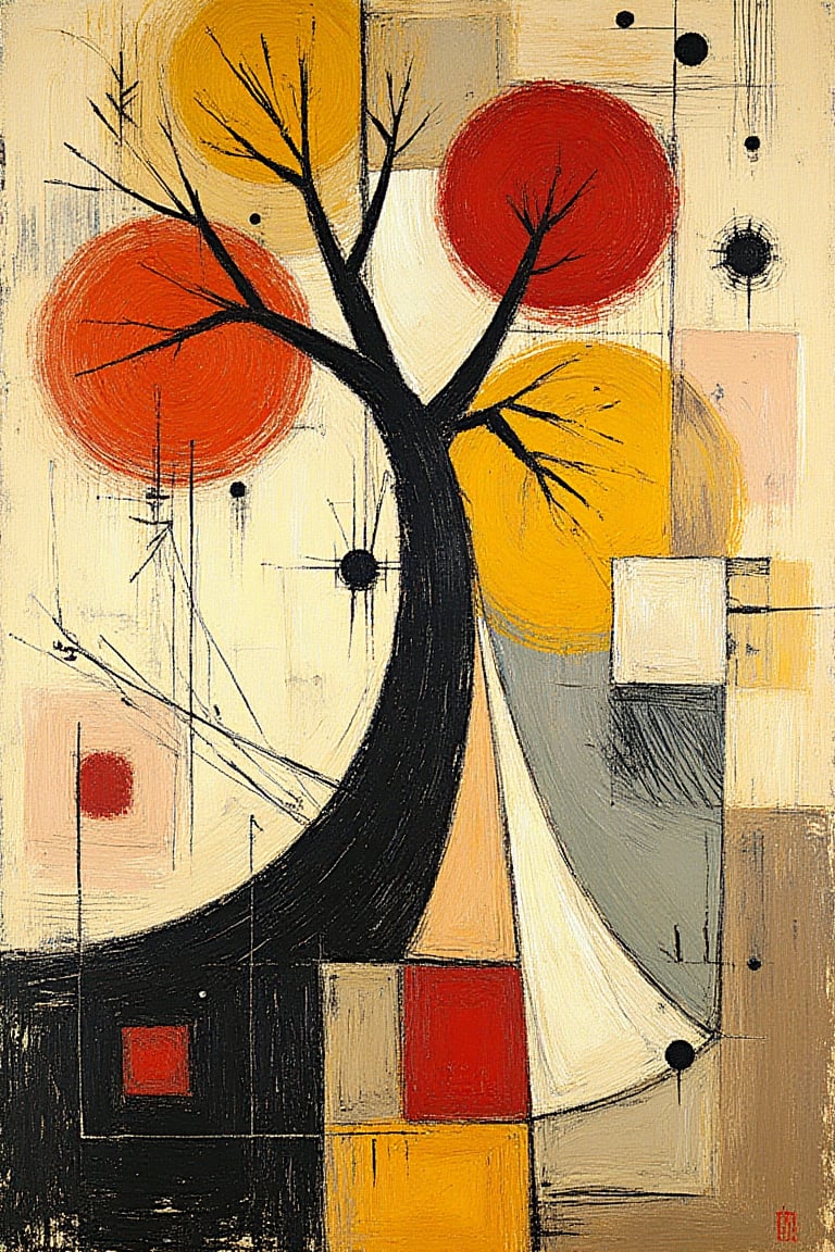 "An abstract surrealist painting in the style of Paul Klee, depicting a twisting tree with branching roots. The composition shows layered depth achieved through overlapping shapes, with the tree trunk and branches in bold, dark tones to create a strong foreground contrast. Vivid, stylized red-orange foliage appears in patches, arranged hierarchically to guide the eye upwards, while softer, muted layers of beige and warm yellows form the background, giving a dreamlike quality. Geometric hints of foliage and light abstract forms in the background evoke a sense of openness and space, maintaining a balanced and harmonious composition. Implied perspective gives the tree prominence and scale.",  "Random abstract symbols and linework scattered throughout the composition, in thin, scratchy, black and white lines. Small circular accents in white and red add contrast. Faded geometric squares and a large rectangle of subtle, dark color at the bottom."