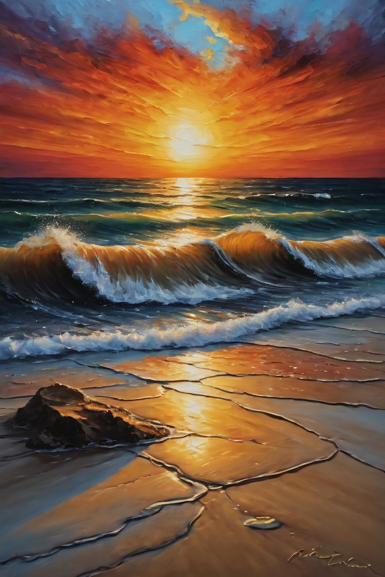 Create a fine art oil painting depicting a breathtaking sunset over the ocean, with waves crashing onto the shore. The scene should capture the intense colors of the sunset, with the sky painted in rich, deep hues of orange, red, and blue. The sunlight should reflect off the water and the wet sand, creating a glowing effect. Incorporate a dynamic wave in the foreground, showcasing its movement and energy. The beach should have visible small bumps and granular texture, adding depth and complexity to the painting. Use rich, deep colors and dramatic chiaroscuro lighting to highlight the texture, making the image appear as if it was created with traditional oil painting techniques. Ensure the overall composition emphasizes the beauty and serenity of the sunset scene.