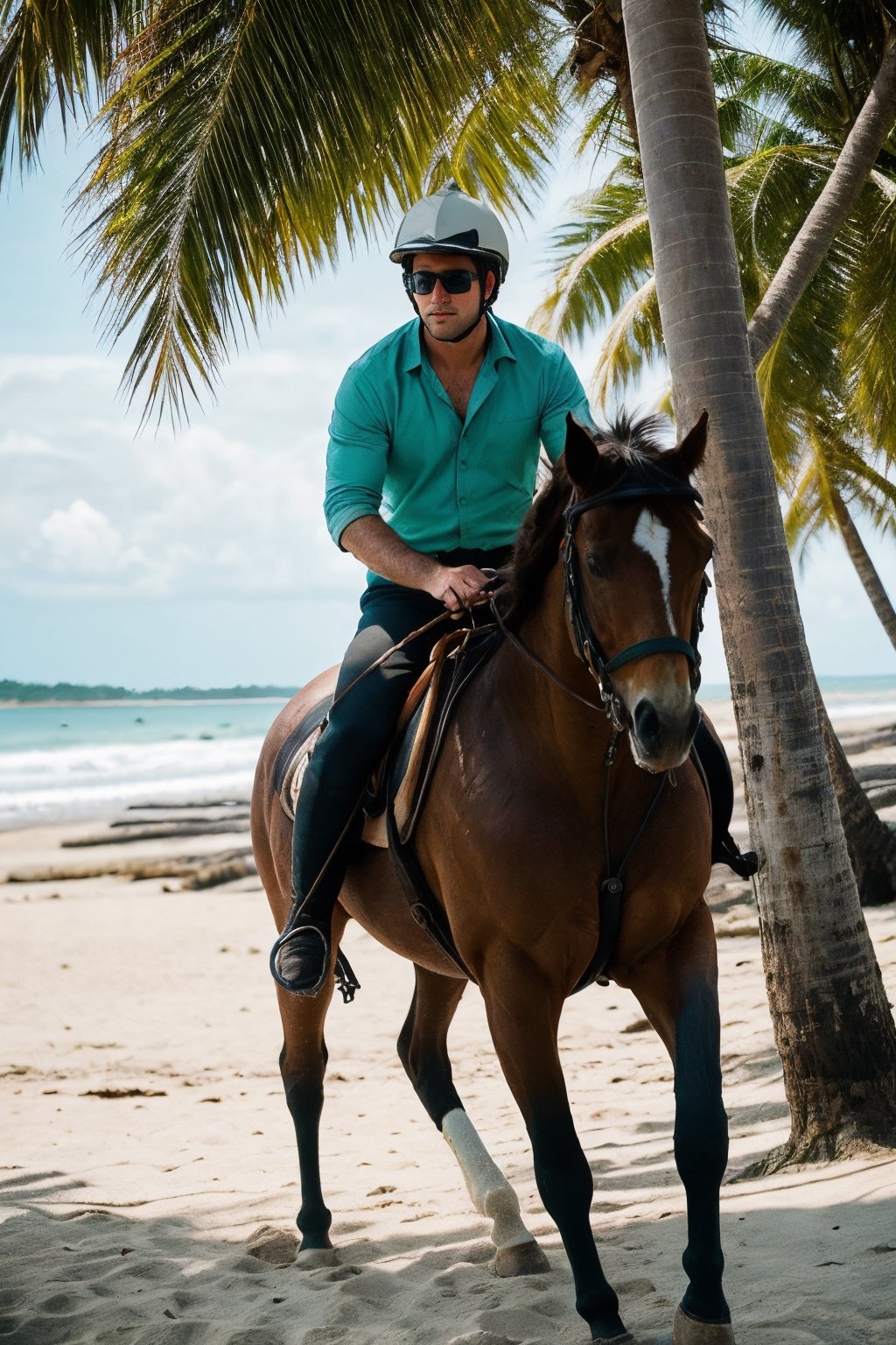 a handsome man riding a horse on a beach side inside coconut trees, wearing a sea green colour bottom ware, wearing boots , hand gloves, sunglasses on eyes, warm diffused light . doing a perfect photoshoot. cinematic colour tone.