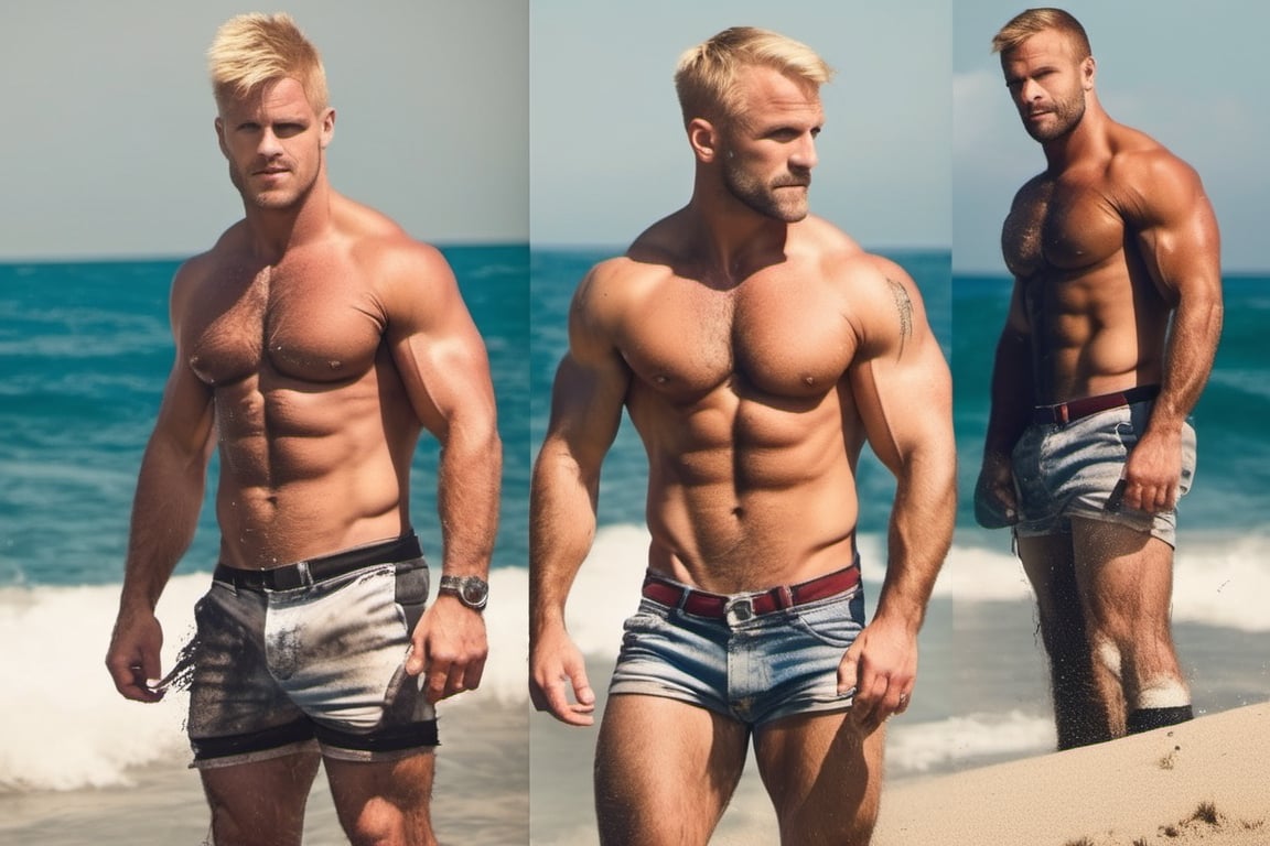4 muscular beefy macho blond hairy daddies. Short hair,  hairy abs,  hair chest by user_719645951383506736 on Tensor.Art