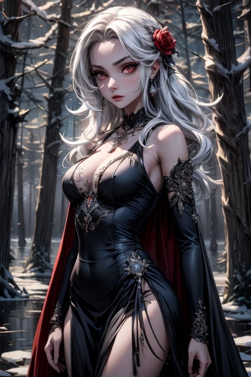 ,red eyes,white hair,twin drills, cape,rose,detached sleeves,dress,jewelry,necklace,frills, standing,looking at viewer,expressionless, forest,night,lake,stars, (insanely detailed, beautiful detailed face, masterpiece, best quality),solo,,