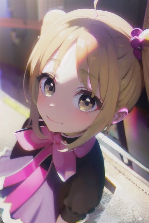 smile, cowboy shot, solo,  1girl, helga, blonde hair, floating hair, black eyes, twintails, monobrow, hair bow, pink dress,, absurdres, ultra detailed, masterpiece, best quality, aesthetic, detailed,Raye face,rena1,nijika ijichi