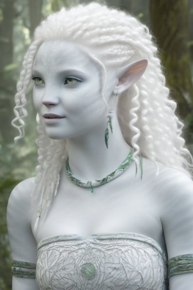 Beautiful na’vi, female, ((Jennifer Stone)), white skin, young, jewelry, curly white hair, ((forest:background)), ((closeup)), movie scene, freckles, detailed, hdr, high quality, movie still, visible tail, skin detail, pointed ears, albino, ADD MORE DETAIL, Read description