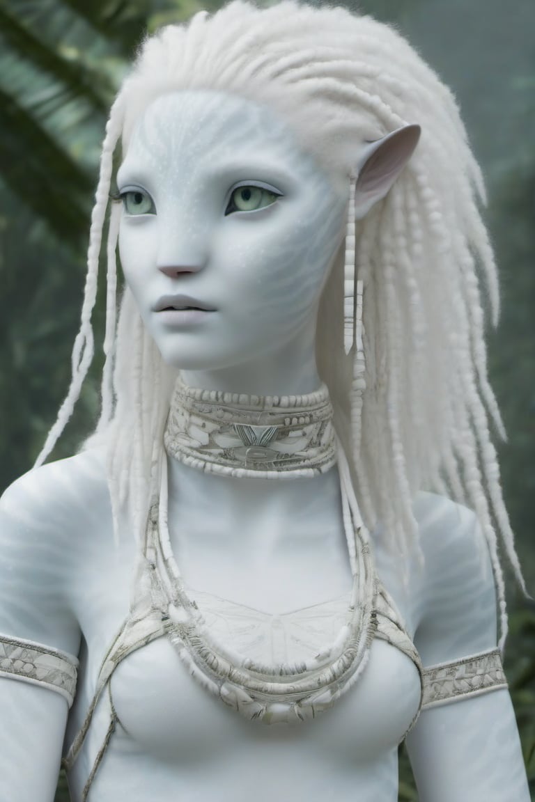 Beautiful na’vi, white, albino, female, white skin, young, tribal jewelry, white curly hair, ((jungle:background)), ((closeup)), movie scene, freckles, detailed, hdr, high quality, movie still, visible tail, skin detail, albino, ADD MORE DETAIL, Read description