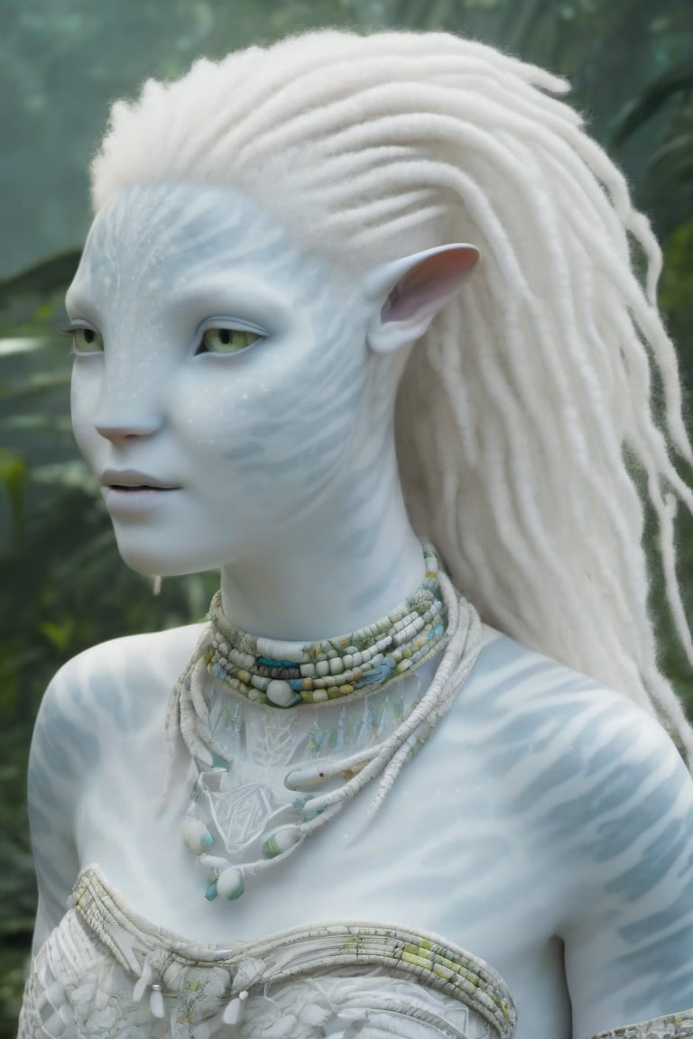 Beautiful na’vi, white, albino, female, white skin, young, colorful tribal jewelry, white curly hair, ((jungle:background)), ((closeup)), movie scene, freckles, detailed, hdr, high quality, movie still, visible tail, skin detail, albino, ADD MORE DETAIL, Read description