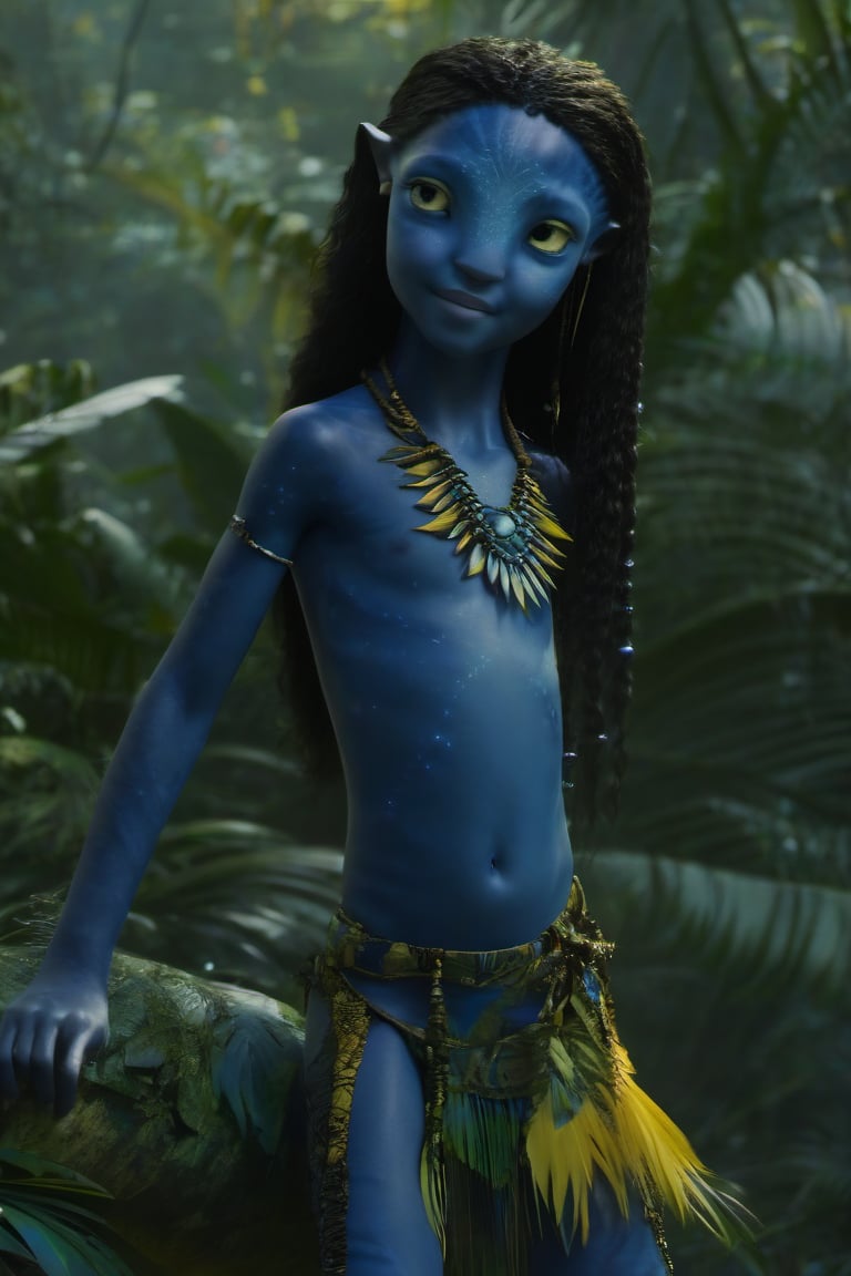 Beautiful na’vi, ((Brooklynn Prince)), dark blue skin, child, young, jewelry, black hair, yellow eyes, earring, ((jungle:background)), ((closeup)), movie scene, freckles, detailed, hdr, high quality, movie still, visible tail, skin detail,ADD MORE DETAIL 