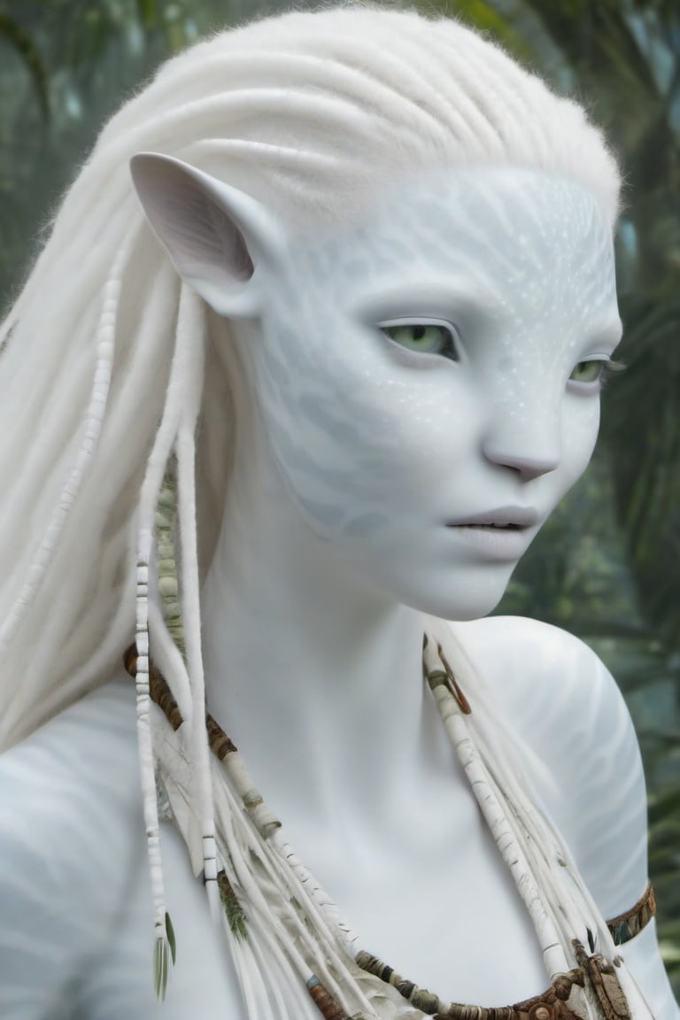 Beautiful na’vi, white, albino, female, white skin, young, leather tribal jewelry, long wavy white hair, ((jungle:background)), ((closeup)), movie scene, freckles, detailed, hdr, high quality, movie still, visible tail, skin detail, albino, ADD MORE DETAIL, Read description