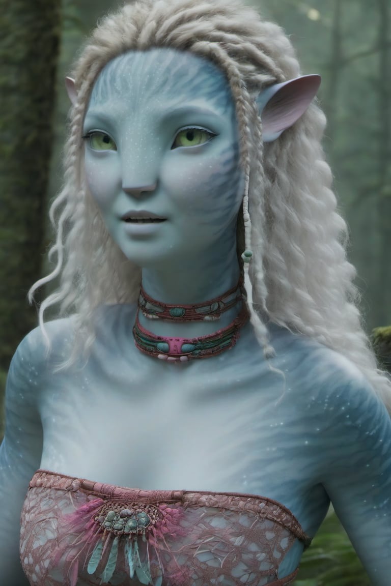 Beautiful na’vi, female, ((Lee Yoo-mi)), white skin, young, wooden jewelry, white curly hair, pink eyes, ((forest:background)), ((closeup)), movie scene, freckles, detailed, hdr, high quality, movie still, visible tail, skin detail, ADD MORE DETAIL 