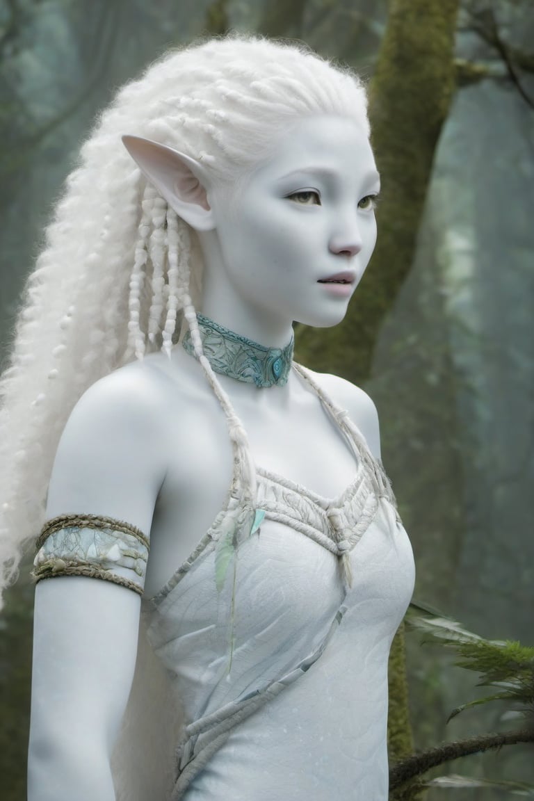 Beautiful na’vi, female, ((Lee Yoo-mi)), white skin, young, jewelry, curly white hair, ((forest:background)), ((closeup)), movie scene, freckles, detailed, hdr, high quality, movie still, visible tail, skin detail, pointed ears, albino, ADD MORE DETAIL, Read description