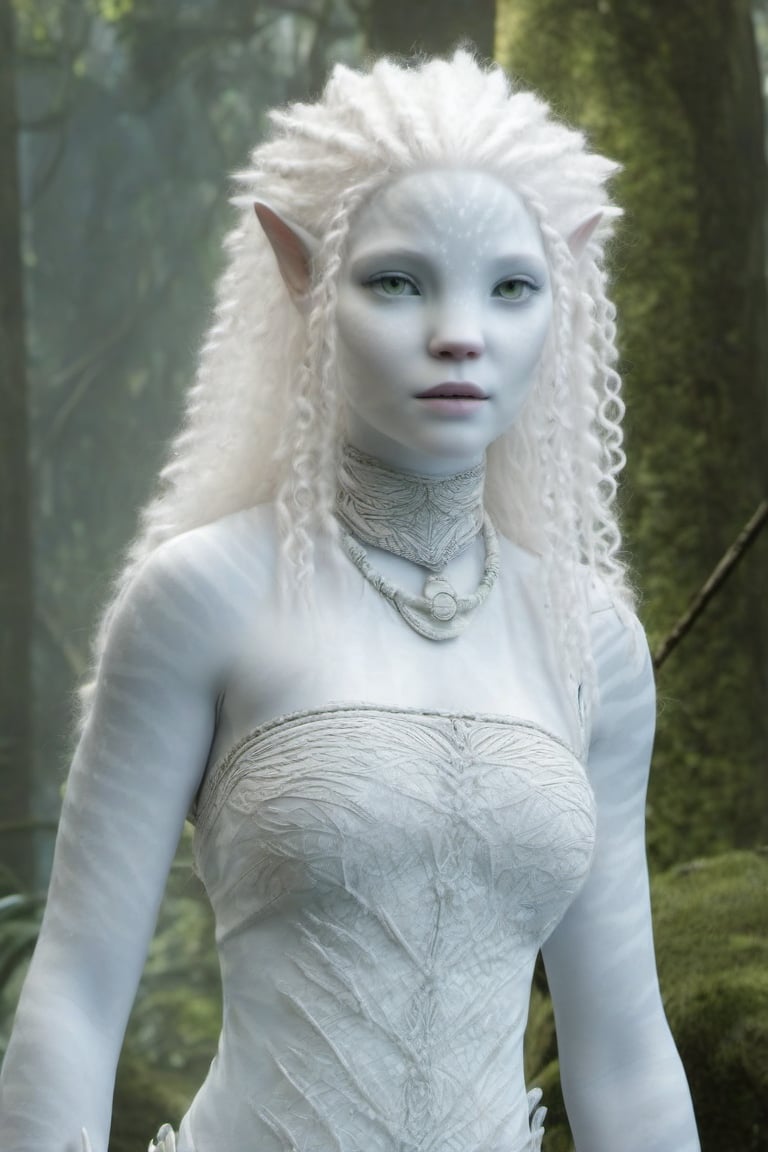 Beautiful na’vi, female, ((Jennifer Stone)), white skin, young, jewelry, curly white hair, ((forest:background)), ((closeup)), movie scene, freckles, detailed, hdr, high quality, movie still, visible tail, skin detail, pointed ears, albino, ADD MORE DETAIL, Read description