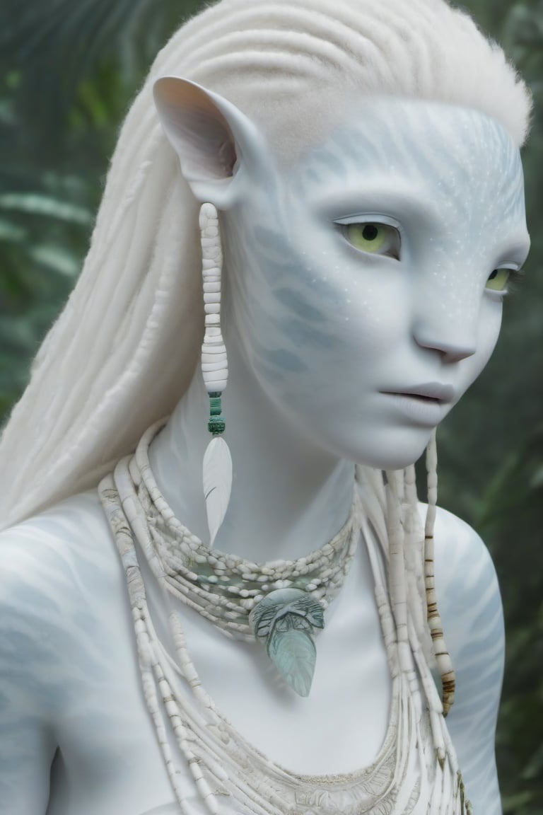 Beautiful na’vi, white, albino, female, white skin, young, tribal jewelry, white hair, ((jungle:background)), ((closeup)), movie scene, freckles, detailed, hdr, high quality, movie still, visible tail, skin detail, albino, ADD MORE DETAIL, Read description