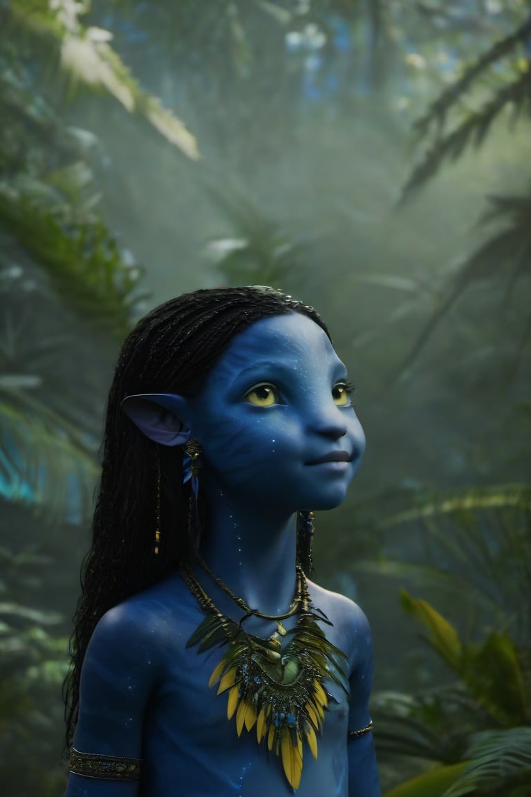 Beautiful na’vi, ((Brooklynn Prince)), dark blue skin, child, young, jewelry, black hair, yellow eyes, earring, ((jungle:background)), ((closeup)), movie scene, freckles, detailed, hdr, high quality, movie still, visible tail, skin detail,ADD MORE DETAIL 