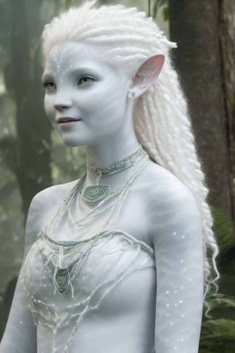 Beautiful na’vi, female, ((Jennifer Stone)), white skin, young, jewelry, curly white hair, ((forest:background)), ((closeup)), movie scene, freckles, detailed, hdr, high quality, movie still, visible tail, skin detail, pointed ears, albino, ADD MORE DETAIL, Read description