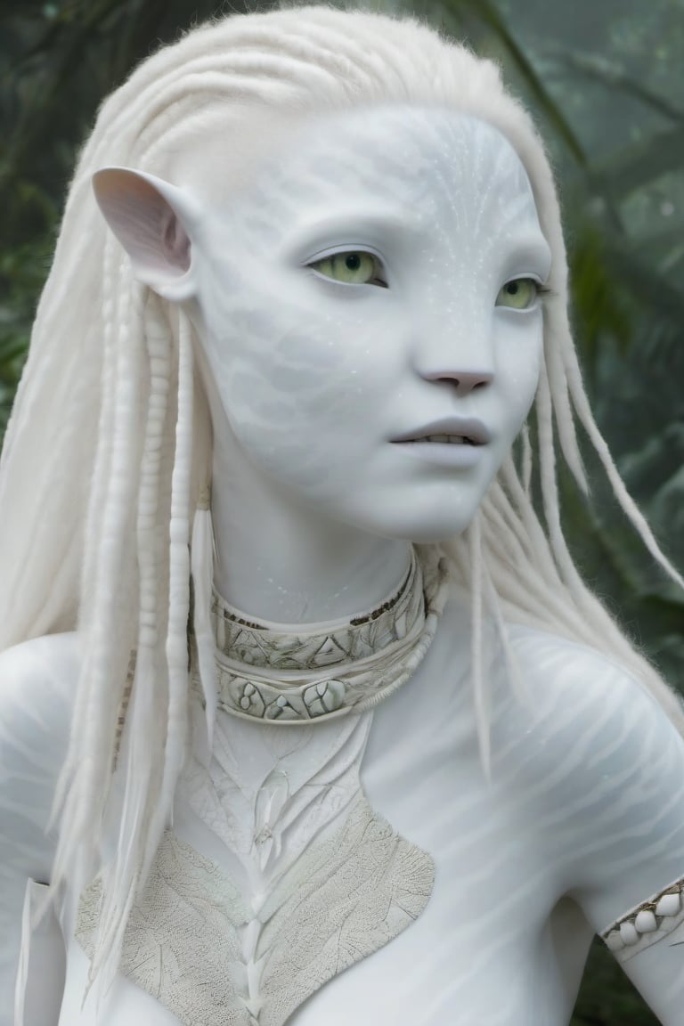 Beautiful na’vi, white, albino, female, white skin, young, leather tribal jewelry, long wavy white hair, ((jungle:background)), ((closeup)), movie scene, freckles, detailed, hdr, high quality, movie still, visible tail, skin detail, albino, ADD MORE DETAIL, Read description