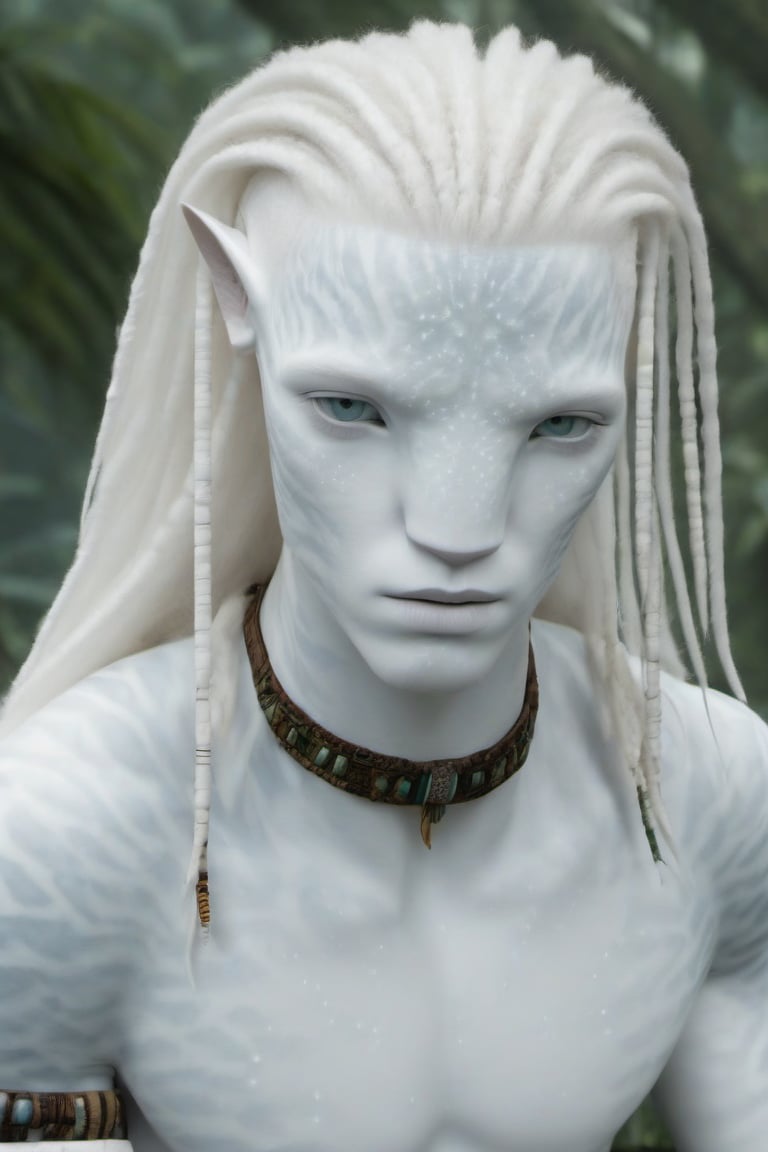 Hansome na’vi, white, albino, male, white skin, young, leather tribal jewelry, long wavy white hair, ((jungle:background)), ((closeup)), movie scene, freckles, detailed, hdr, high quality, movie still, visible tail, skin detail, albino, ADD MORE DETAIL, Read description