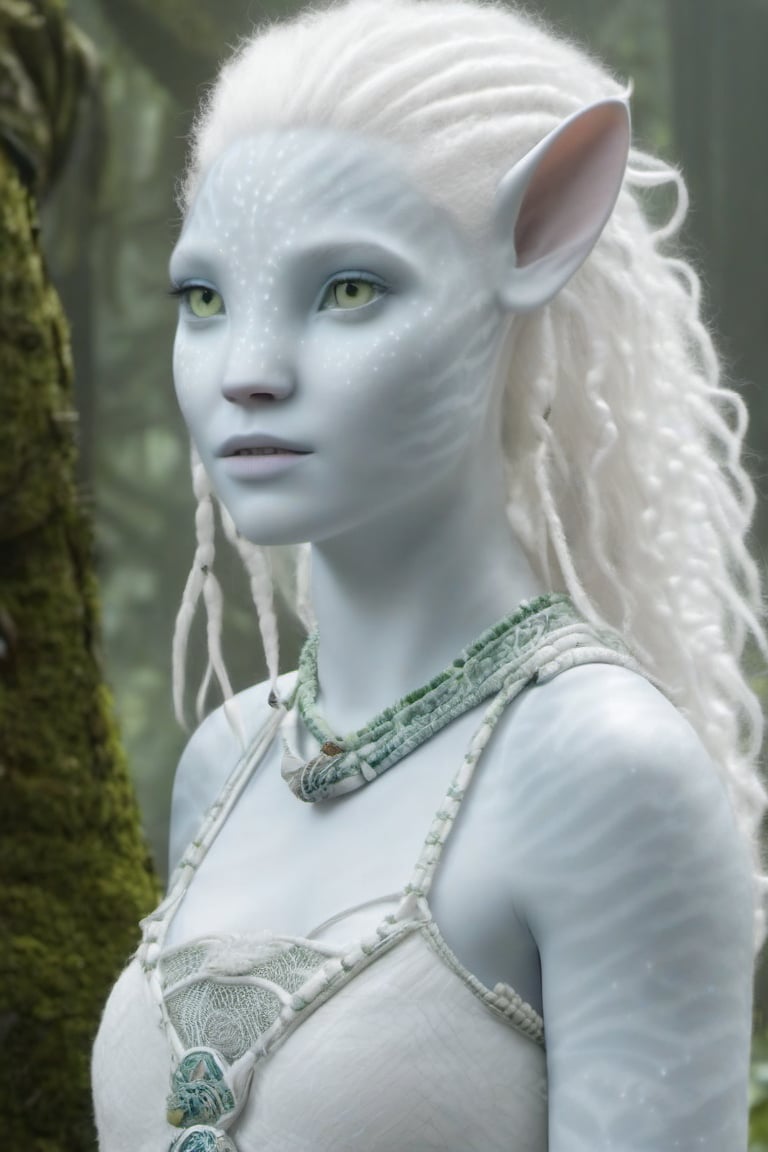 Beautiful na’vi, female, ((Jennifer Stone)), white skin, young, jewelry, curly white hair, ((forest:background)), ((closeup)), movie scene, freckles, detailed, hdr, high quality, movie still, visible tail, skin detail, pointed ears, albino, ADD MORE DETAIL, Read description