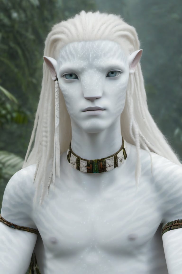 Hansome na’vi, white, albino, male, white skin, young, leather tribal jewelry, long wavy white hair, ((jungle:background)), ((closeup)), movie scene, freckles, detailed, hdr, high quality, movie still, visible tail, skin detail, albino, ADD MORE DETAIL, Read description