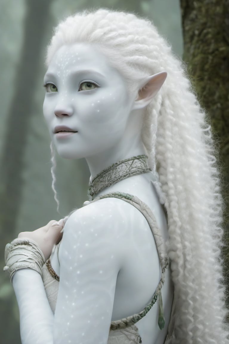 Beautiful na’vi, female, ((Lee Yoo-mi)), white skin, young, jewelry, curly white hair, ((forest:background)), ((closeup)), movie scene, freckles, detailed, hdr, high quality, movie still, visible tail, skin detail, pointed ears, albino, ADD MORE DETAIL, Read description